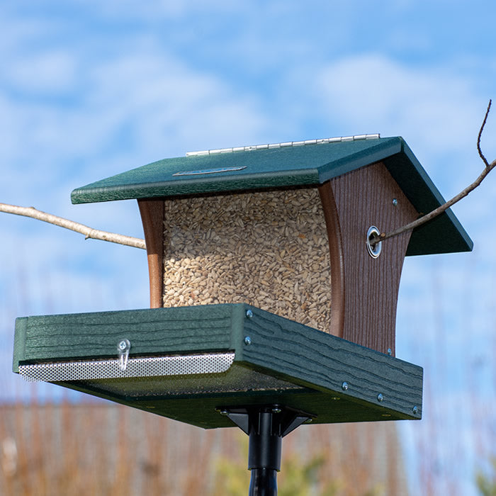 Duncraft Back to the Woods Cardinal Landing Tray with Pole: Bird feeder with hopper, extended tray for larger birds, overhanging roof, and sectional pole for easy installation.