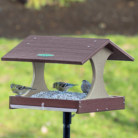 Duncraft Birdwatcher's Platform Feeder with Pole, featuring birds feeding on a wide platform. Includes sectional pole and mesh drainage for easy cleaning.