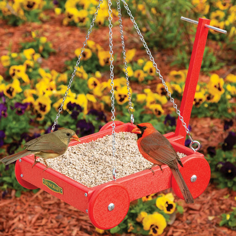 Duncraft Red Wagon Hanging Platform Feeder with two Northern Cardinals feeding, features durable red recycled plastic, metal chains, and stationary wheels, ideal for birdwatching.