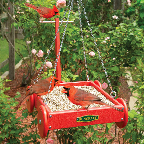 Duncraft Red Wagon Hanging Platform Feeder with birds eating seeds, featuring a durable design, two aluminum perches, and a hanging chain.