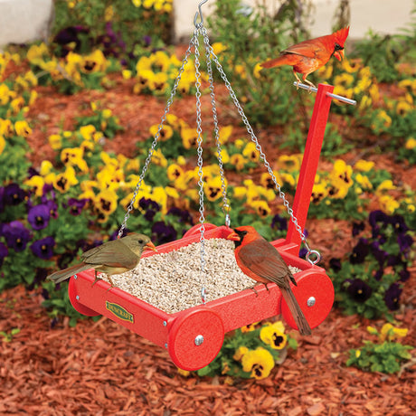 Duncraft Red Wagon Hanging Platform Feeder with birds perching on it, featuring two aluminum perches and a durable red recycled plastic build.