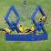 Duncraft Blue Diamond Hanging Feeder with yellow-and-black American goldfinches feeding, featuring a clear plastic roof and sturdy blue frame with aluminum perches.