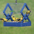 Duncraft Blue Diamond Hanging Feeder with multiple birds feeding, showcasing its durable design, clearview plastic roof, and easy-to-clean seed tray.