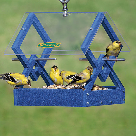 Duncraft Blue Diamond Hanging Feeder with multiple birds feeding, showcasing its durable design, clearview plastic roof, and easy-to-clean seed tray.