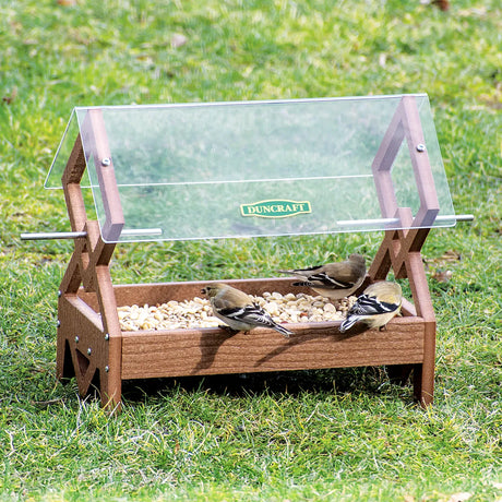 Duncraft Double Diamond Platform Feeder on grass, wooden tray with nuts, acrylic roof, and finches feeding, showcasing its multiple entry points and protective design.