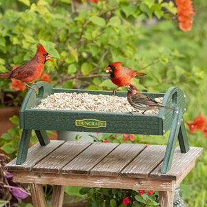 Duncraft EZ Move Ground Platform Feeder with birds perched, showcasing its raised metal mesh tray for clean, dry seed and durable green recycled plastic construction.