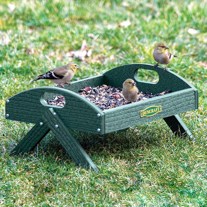 Duncraft EZ Move Ground Platform Feeder with birds feeding on a raised metal mesh tray, supported by four legs for stability and drainage.