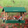 Duncraft Bird-Safe® Arch Platform Feeder with mixed seeds, hosting a female Northern Cardinal, a striped warbler, and a black-capped chickadee.