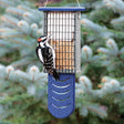 Duncraft Bird-Safe® Tail Prop Double Suet Feeder with wire grid, extended tail prop, and recycled plastic, holds two suet cakes. Woodpecker foraging on feeder.