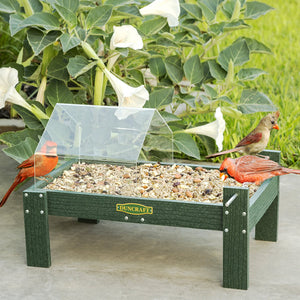 Duncraft Open Air Covered Ground Platform Feeder with birds perched on raised metal perches, featuring a clear plastic canopy and durable construction for ground-feeding birds.