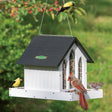 Duncraft Contemporary Farmhouse Feeder with two spacious trays for large birds, featuring clearview panels and metal mesh drainage, shown with birds feeding.