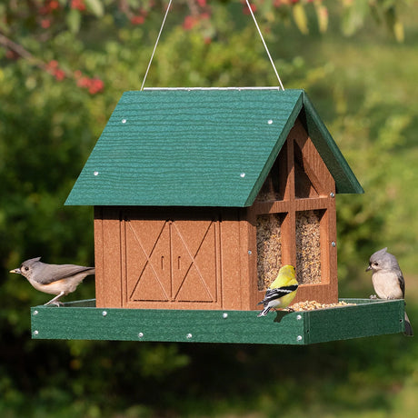 Duncraft Country Barn Feeder with a green roof, feeding tray, and three songbirds perched; includes clearview windows and metal mesh drainage.