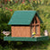 Duncraft Country Barn Feeder with a green roof, feeding tray, and three songbirds perched; includes clearview windows and metal mesh drainage.