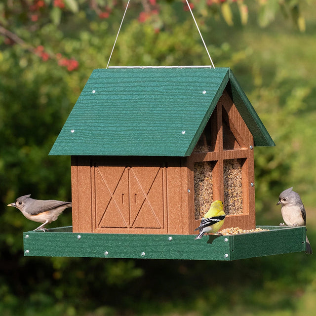 Duncraft Country Barn Feeder with a green roof, feeding tray, and three songbirds perched; includes clearview windows and metal mesh drainage.