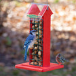 Red Arrow Whole Peanut Feeder with a blue jay eating a peanut and a finch on the tray, featuring a red house shape and wire mesh grid.