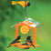 Duncraft Ultimate Oriole Jelly Feeder features a house-shaped design with a clear plastic roof, holding oranges and jelly, attracting three feeding orioles.