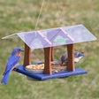 Duncraft Twin Arches Bluebird Feeder with two removable cups, large landing tray, and overhanging roof, shown with a bluebird eating from it.