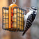 Duncraft Double Suet Feeder, Orange, featuring a Downy Woodpecker clinging to the wire grid, enjoying suet cakes from the dual-sided recycled plastic feeder.