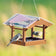 Duncraft Covered Bridge Platform Feeder with clear roof and built-in perches, holds two tufted titmice, showcasing wide openings for feeding from all sides.