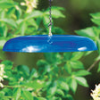 Duncraft Tilt-Top Squirrel Baffle, Blue - Made in the USA, hanging from a chain, designed to tilt and slide squirrels off.