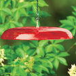 Duncraft Tilt-Top Squirrel Baffle, Red - Made in the USA, shown hanging on a chain, designed to tilt and prevent squirrels from accessing bird feeders.