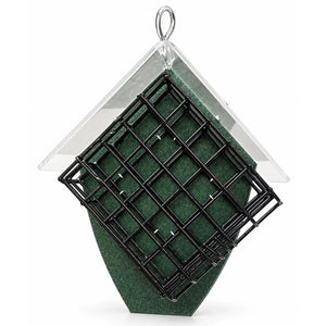 Green suet feeder with a black diamond-shaped wire basket, clear pitched roof, and tapered tail support.