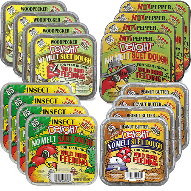 Birders Choice Suet Delight Sampler, Set of 16 Cakes, shown in various packages, featuring no-melt suet for year-round bird feeding.