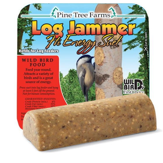 Log Jammer Hi Energy Suet Plugs close-up, showing packaged suet logs designed for woodpeckers and other suet-loving birds. Includes Black Oil Sunflower, Millet, Corn, and Peanuts.