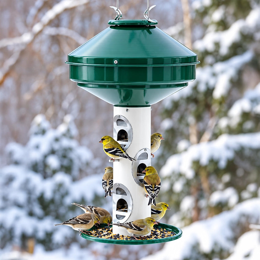 Green and white bird feeder attracting American goldfinches in a snowy backyard, featuring multiple feeding ports and a recycled plastic seed tray.