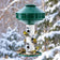 Green and white bird feeder attracting American goldfinches in a snowy backyard, featuring multiple feeding ports and a recycled plastic seed tray.