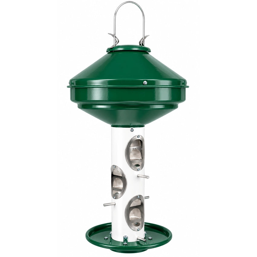 Green and white hanging bird feeder with large green metal seed reservoir, multiple feeding ports, silver perches and green recycled plastic tray on a white background.