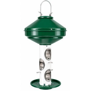 Green and white hanging bird feeder with large green metal seed reservoir, multiple feeding ports, silver perches and green recycled plastic tray on a white background.
