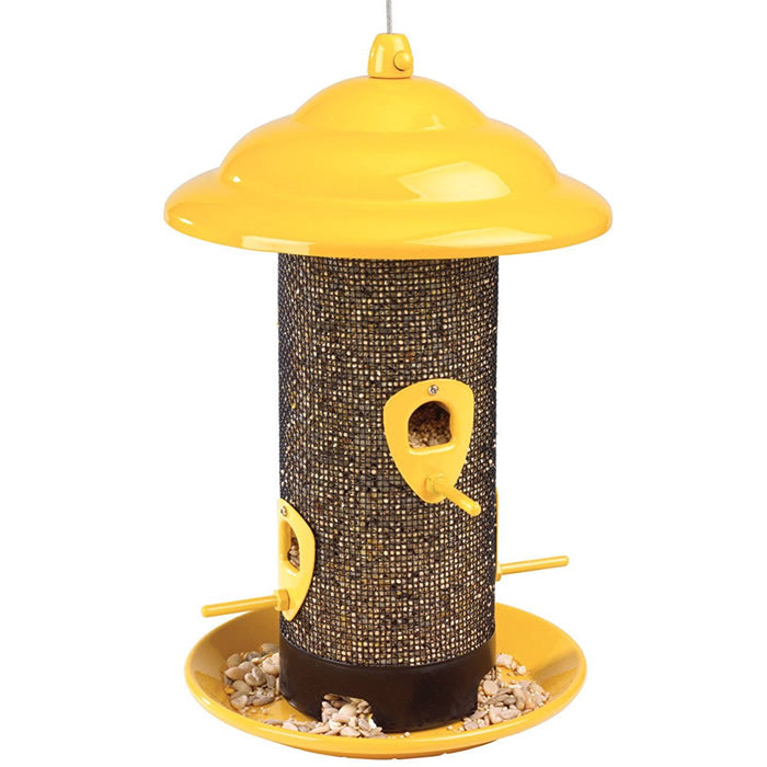 Sedona Screen Bird Feeder with yellow roof, mesh body, four feeding ports, perches, and seed tray. Holds 2.5 lbs of Nyjer® seed.