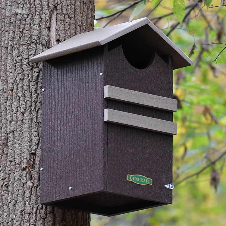 Duncraft Screech/Saw-Whet Owl Nesting Box, Dark Brown, mounted on a tree, features an arched entrance, sloped roof, and trim, designed for owl shelter.