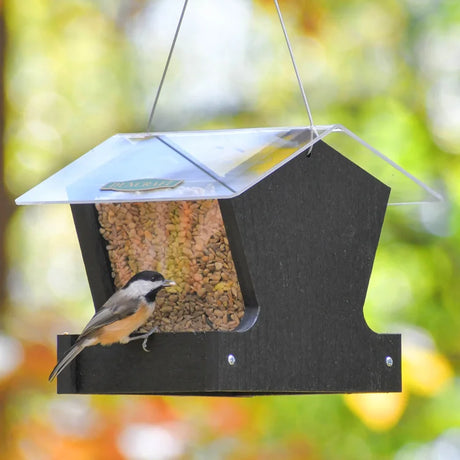 Duncraft Heritage Hopper Feeder, Black, shown with a chickadee perched, features a clear roof, flat perch, and mixed birdseed, blending style and functionality for year-round use.