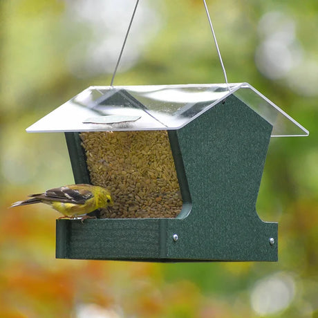 Duncraft Heritage Hopper Feeder, Green, with a clear roof, holds seeds for an American goldfinch on the tray, showcasing durable, weather-resistant design.
