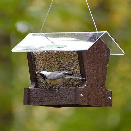 Duncraft Heritage Hopper Feeder, Milwaukee Brown, with a clear roof and wooden sides, holds seeds as a chickadee perches, showcasing its eco-friendly design.