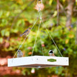 Duncraft Classic Bird Safe Platform Feeder, White, with three songbirds perched, showcasing its open design and wire suspension against a green foliage backdrop.
