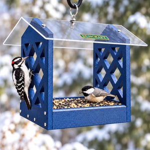 Duncraft Arbor Landing Platform Bird Feeder in blue with a downy woodpecker and chickadee feeding beneath a clear roof in a snowy backyard.