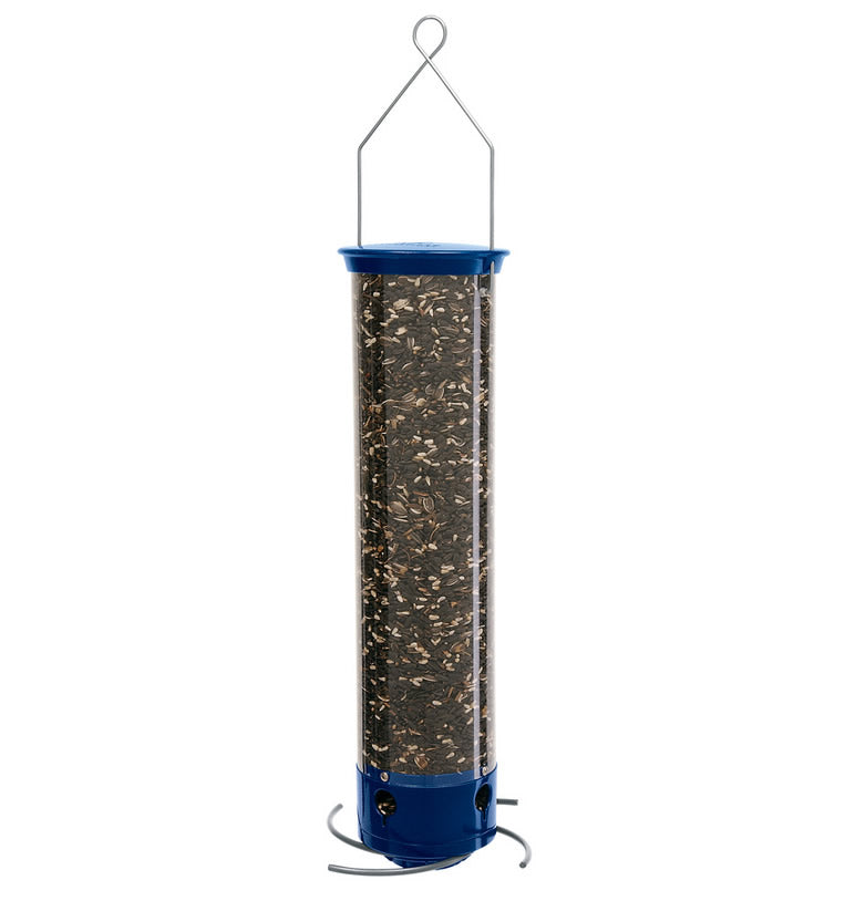 Droll Yankees Whipper Squirrel-Proof Bird Feeder filled with seeds, featuring weight-sensitive perches to support birds like cardinals while preventing squirrels from feeding.