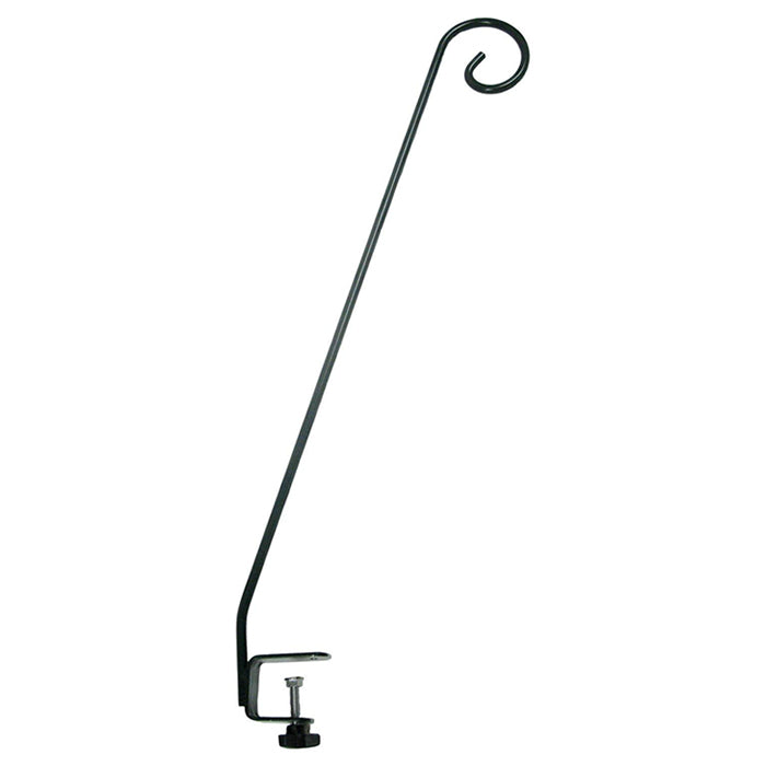 Clamp-On Hook: 30 black metal hook with a screw, designed to easily clamp onto deck rails for hanging bird feeders or flower baskets.