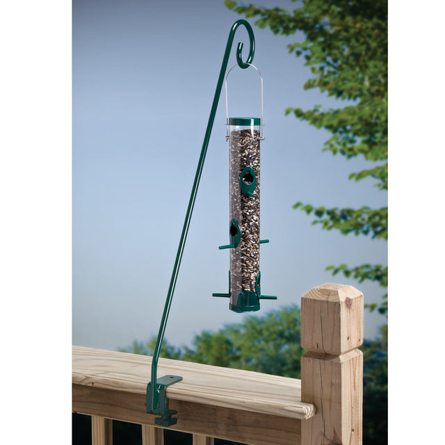 Clamp-On Hook attached to a wooden deck railing, designed for bird feeders, showcasing its durable construction and easy repositioning for optimal bird viewing.