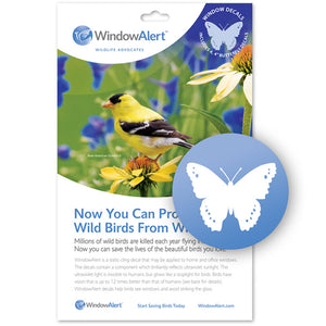 Butterfly WindowAlert Decals: Yellow bird perched on a flower, designed to prevent birds from striking windows with special UV reflective coating.