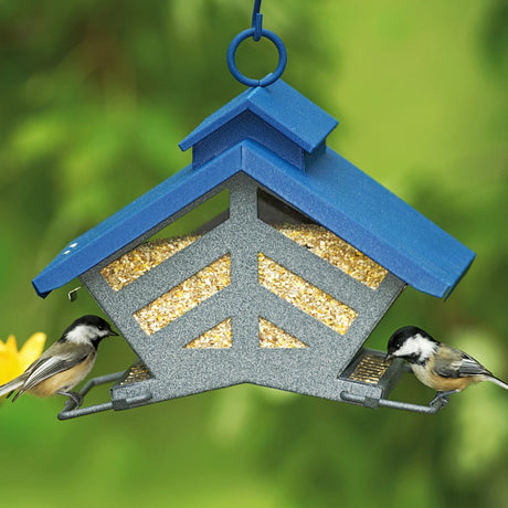 Heritage Farms Chalet Feeder with gray metal frame and blue roof, filled with birdseed, two chickadees perched on trays, suspended in outdoor foliage.