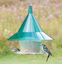 Arundale Emerald Sky Cafe bird feeder with multiple birds feeding, featuring a large see-through hopper and wide seed tray, designed to prevent squirrels from accessing the feed.