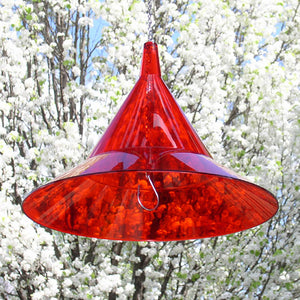 Arundale Ruby Hummer Sun Hat, a cone-shaped plexiglass shade with a 24-inch chain, designed to keep nectar cool and attract hummingbirds.