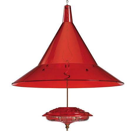 Arundale Ruby Hummer Sun Hat: A wide, cone-shaped bird feeder accessory with a 24-inch hanging chain, designed to shade and attract hummingbirds.