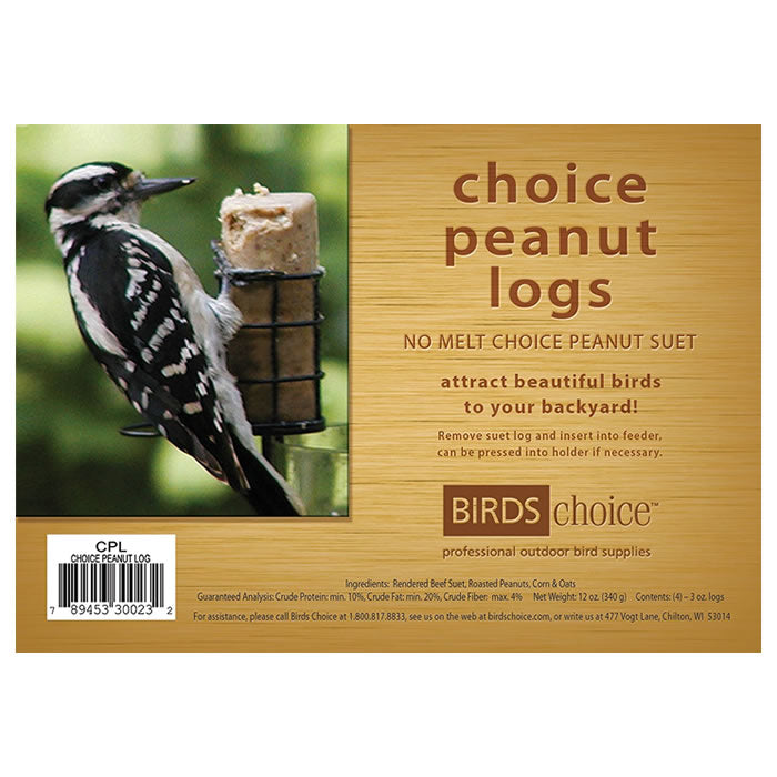 Bird pecking at a Peanut Suet Log on a feeder; package includes four melt-resistant logs fortified with calcium for strong eggshells.