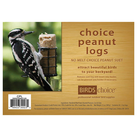 Bird pecking at a Peanut Suet Log on a feeder; package includes four melt-resistant logs fortified with calcium for strong eggshells.