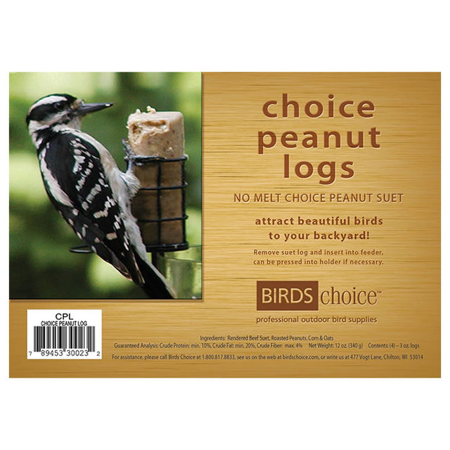 Bird pecking at a Peanut Suet Log on a feeder; package includes four melt-resistant logs fortified with calcium for strong eggshells.